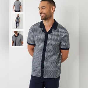 Threadbare Blue Textured Stripe Cuban Collar Knitted Shirt XL